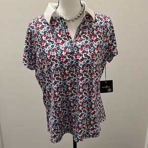 Belyn Key Keystone Cap Short Sleeve Polo Top Monterey Floral Zip Shirt XL NWT